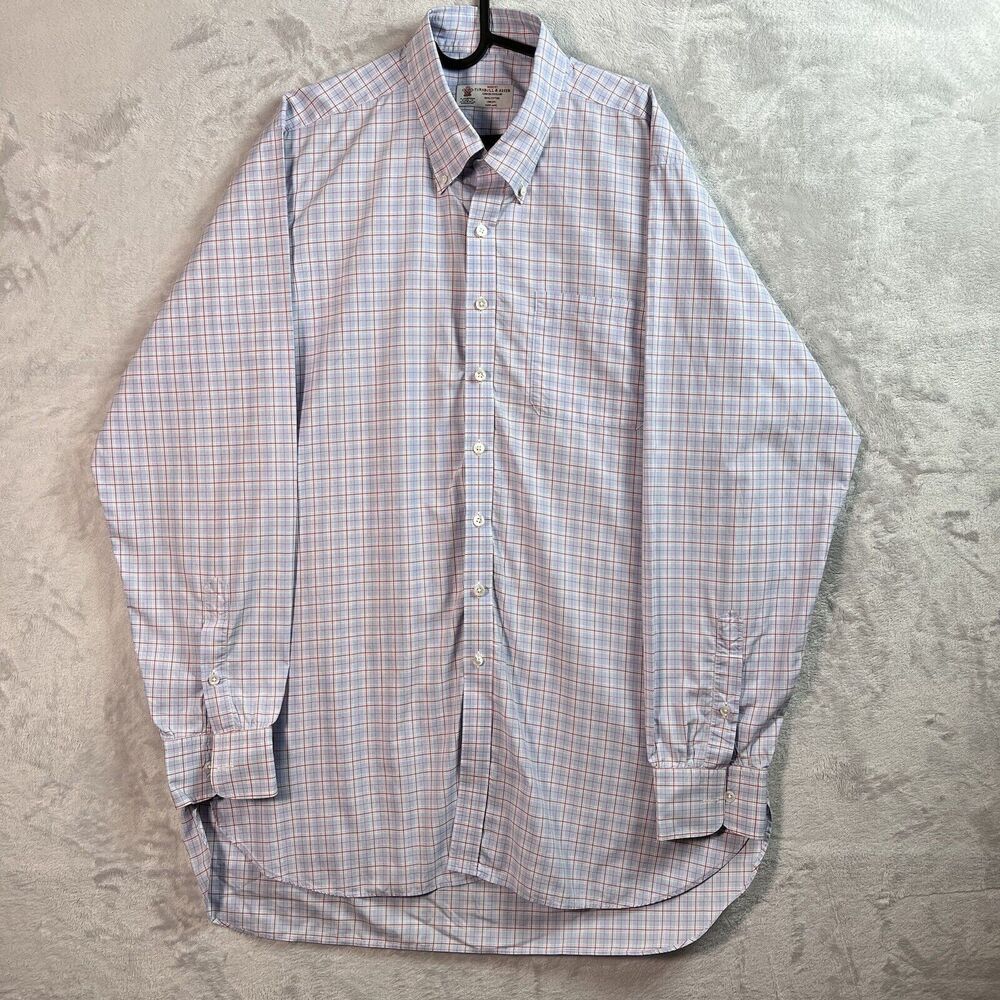 Turnbull & Asser Mens Dress Shirt XL?*READ White/Blue Plaid Designer Button Down